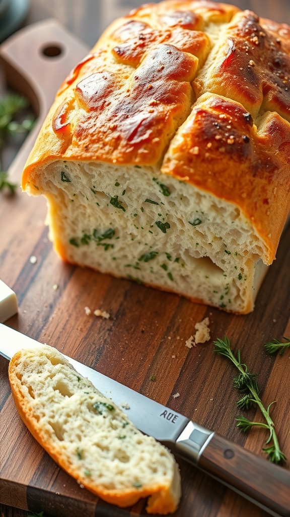 A golden loaf of herb and cheese bread, sliced to reveal its soft interior, on a wooden cutting board.